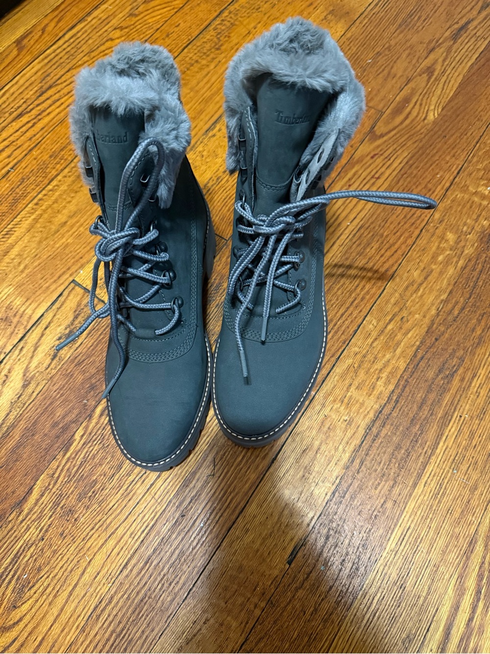 Timberland Women's Gray Lace-Up Faux Fur Collar Boots